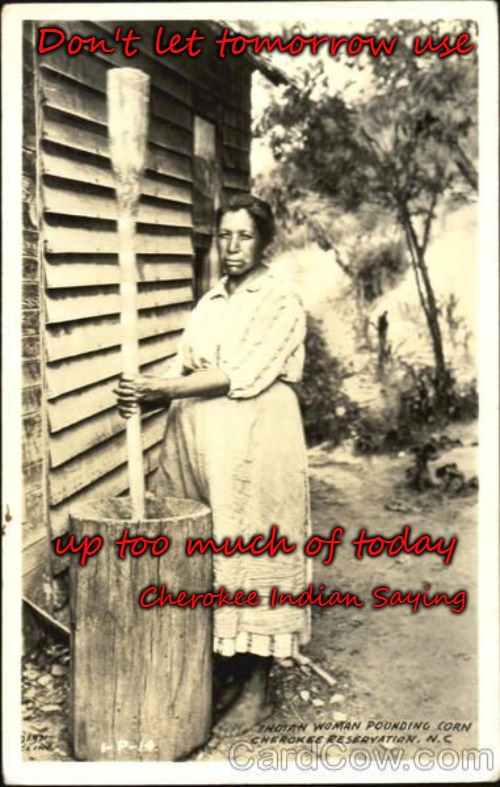 Cherokee Indian Saying - Cherokee Woman Pounding Corn Cherokee Reservation NC | Don't let tomorrow use; up too much of today; Cherokee Indian Saying | image tagged in native american,native americans,american indian,tribe,indian chief,indian chiefs | made w/ Imgflip meme maker