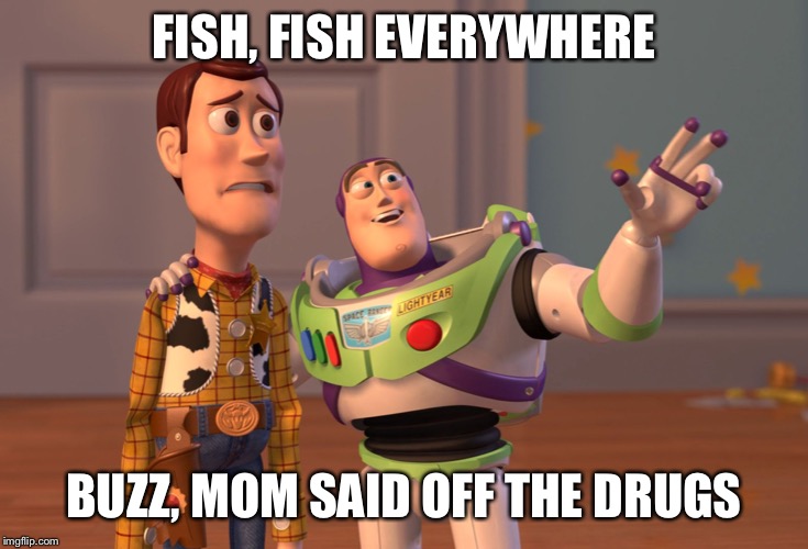 X, X Everywhere | FISH, FISH EVERYWHERE; BUZZ, MOM SAID OFF THE DRUGS | image tagged in memes,x x everywhere | made w/ Imgflip meme maker