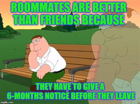 pensive reflecting thoughtful peter griffin | ROOMMATES ARE BETTER THAN FRIENDS BECAUSE; THEY HAVE TO GIVE A 6-MONTHS NOTICE BEFORE THEY LEAVE | image tagged in pensive reflecting thoughtful peter griffin | made w/ Imgflip meme maker