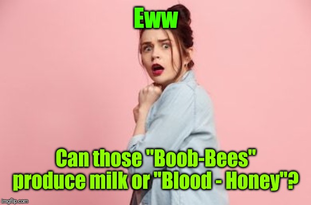 Scared woman | Eww Can those "Boob-Bees" produce milk or "Blood - Honey"? | image tagged in scared woman | made w/ Imgflip meme maker