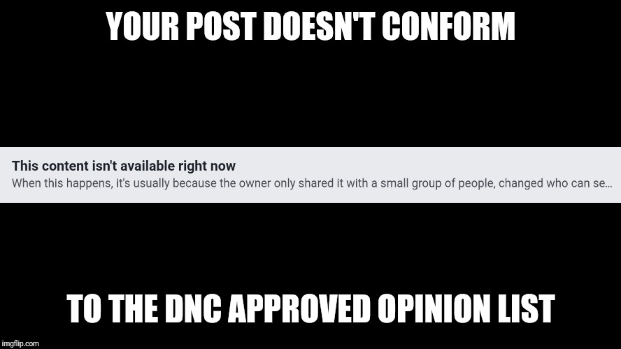 Facebook censorship | YOUR POST DOESN'T CONFORM; TO THE DNC APPROVED OPINION LIST | image tagged in facebook censorship | made w/ Imgflip meme maker