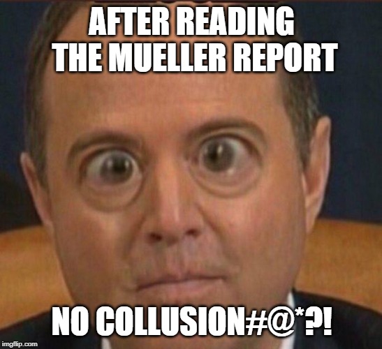 Schiff BUG EYE | AFTER READING THE MUELLER REPORT; NO COLLUSION#@*?! | image tagged in schiff bug eye | made w/ Imgflip meme maker