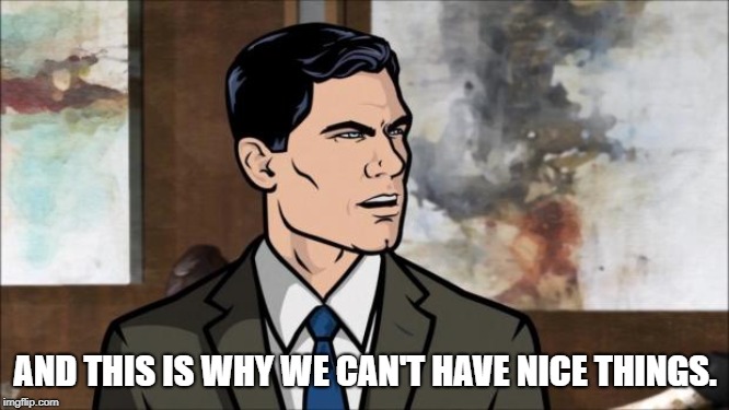 Archer | AND THIS IS WHY WE CAN'T HAVE NICE THINGS. | image tagged in archer | made w/ Imgflip meme maker