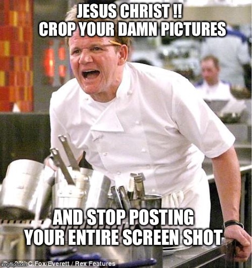 Chef Gordon Ramsay Meme | JESUS CHRIST !!   CROP YOUR DAMN PICTURES; AND STOP POSTING YOUR ENTIRE SCREEN SHOT | image tagged in memes,chef gordon ramsay | made w/ Imgflip meme maker