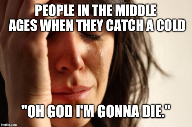 First World Problems | PEOPLE IN THE MIDDLE AGES WHEN THEY CATCH A COLD; "OH GOD I'M GONNA DIE." | image tagged in memes,first world problems | made w/ Imgflip meme maker
