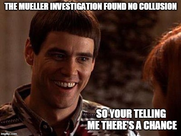 Dumb And Dumber | THE MUELLER INVESTIGATION FOUND NO COLLUSION; SO YOUR TELLING ME THERE'S A CHANCE | image tagged in dumb and dumber | made w/ Imgflip meme maker
