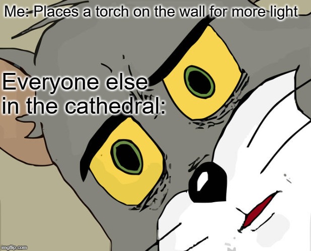 Unsettled Tom | Me: Places a torch on the wall for more light; Everyone else in the cathedral: | image tagged in memes,unsettled tom | made w/ Imgflip meme maker