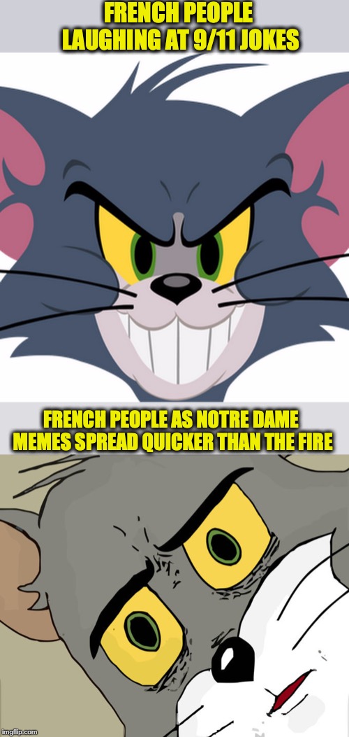 Not So Funny After All | FRENCH PEOPLE LAUGHING AT 9/11 JOKES; FRENCH PEOPLE AS NOTRE DAME MEMES SPREAD QUICKER THAN THE FIRE | image tagged in memes,unsettled tom,french,notre dame,fire | made w/ Imgflip meme maker