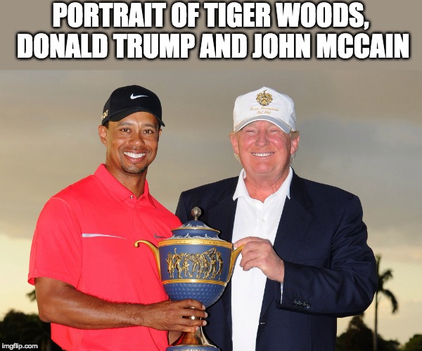 celebrating another win | PORTRAIT OF TIGER WOODS, DONALD TRUMP AND JOHN MCCAIN | image tagged in donald trump,tiger woods,trophy | made w/ Imgflip meme maker
