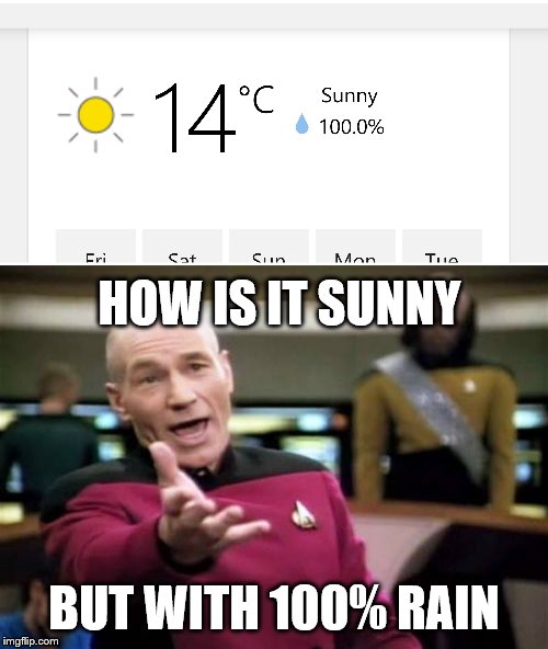 Stupid weather report... | HOW IS IT SUNNY; BUT WITH 100% RAIN | image tagged in memes,picard wtf,weather,stupid | made w/ Imgflip meme maker