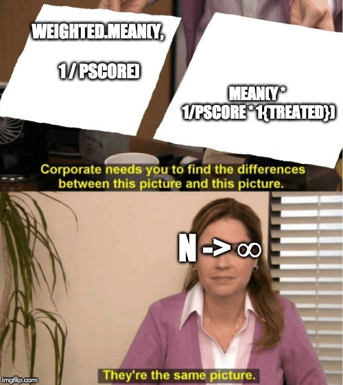 They're The Same Picture Meme | WEIGHTED.MEAN(Y, 1 / PSCORE); MEAN(Y * 1/PSCORE * 1{TREATED}); N -> ∞ | image tagged in office same picture | made w/ Imgflip meme maker