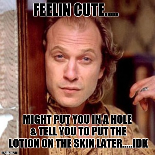 Buffalo Bill Silence of the lambs | FEELIN CUTE..... MIGHT PUT YOU IN A HOLE & TELL YOU TO PUT THE LOTION ON THE SKIN LATER.....IDK | image tagged in buffalo bill silence of the lambs | made w/ Imgflip meme maker