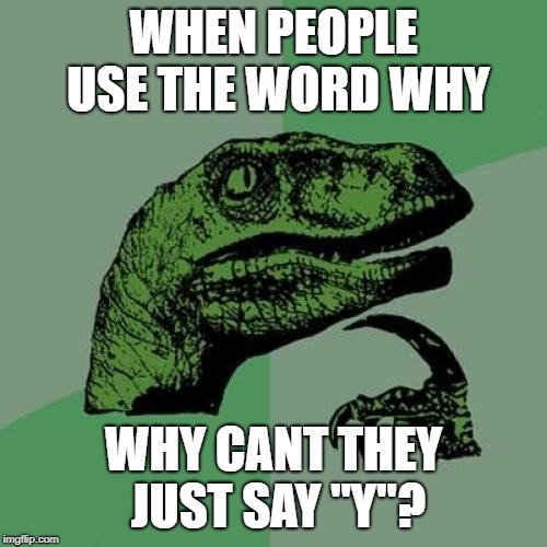 Philosoraptor Meme | WHEN PEOPLE USE THE WORD WHY; WHY CANT THEY JUST SAY "Y"? | image tagged in memes,philosoraptor | made w/ Imgflip meme maker