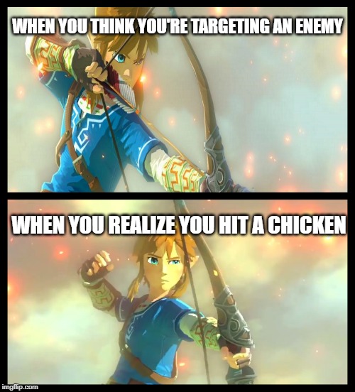 Zelda logic | WHEN YOU THINK YOU'RE TARGETING AN ENEMY; WHEN YOU REALIZE YOU HIT A CHICKEN | image tagged in zelda,the legend of zelda breath of the wild,chicken | made w/ Imgflip meme maker