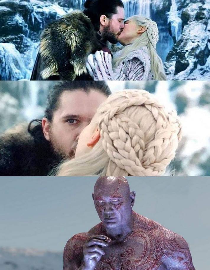 Drax behind Jon and Daenerys Blank Meme Template