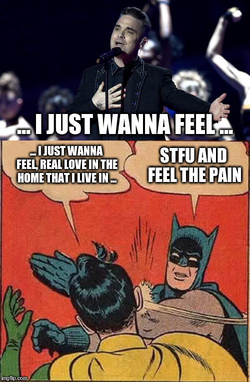 ... I JUST WANNA FEEL ... STFU AND FEEL THE PAIN; ... I JUST WANNA FEEL, REAL LOVE IN THE HOME THAT I LIVE IN ... | image tagged in memes,batman slapping robin,feel | made w/ Imgflip meme maker