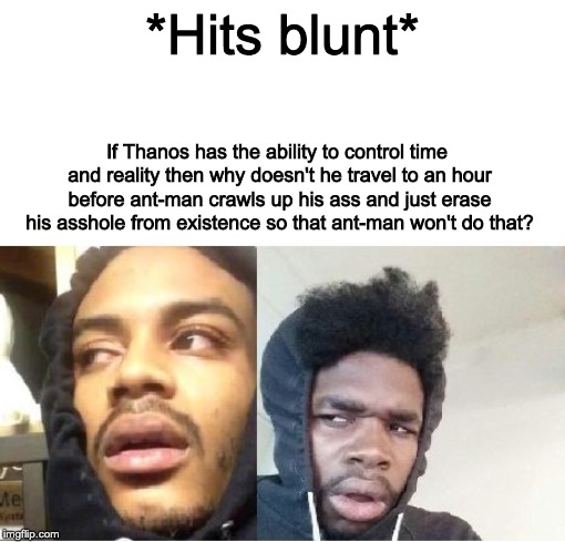 hits blunt  |  *Hits blunt*; If Thanos has the ability to control time and reality then why doesn't he travel to an hour before ant-man crawls up his ass and just erase his asshole from existence so that ant-man won't do that? | image tagged in hits blunt | made w/ Imgflip meme maker