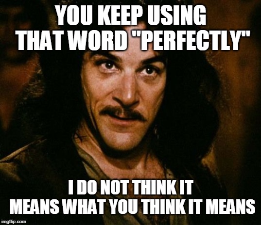 You keep using that word | YOU KEEP USING THAT WORD "PERFECTLY"; I DO NOT THINK IT MEANS WHAT YOU THINK IT MEANS | image tagged in you keep using that word | made w/ Imgflip meme maker