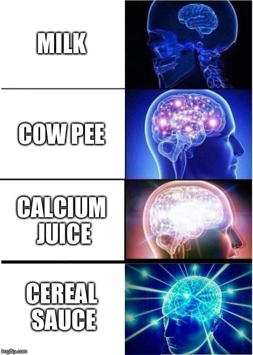 Milk,
a history | MILK; COW PEE; CALCIUM JUICE; CEREAL SAUCE | image tagged in memes,expanding brain,cows | made w/ Imgflip meme maker