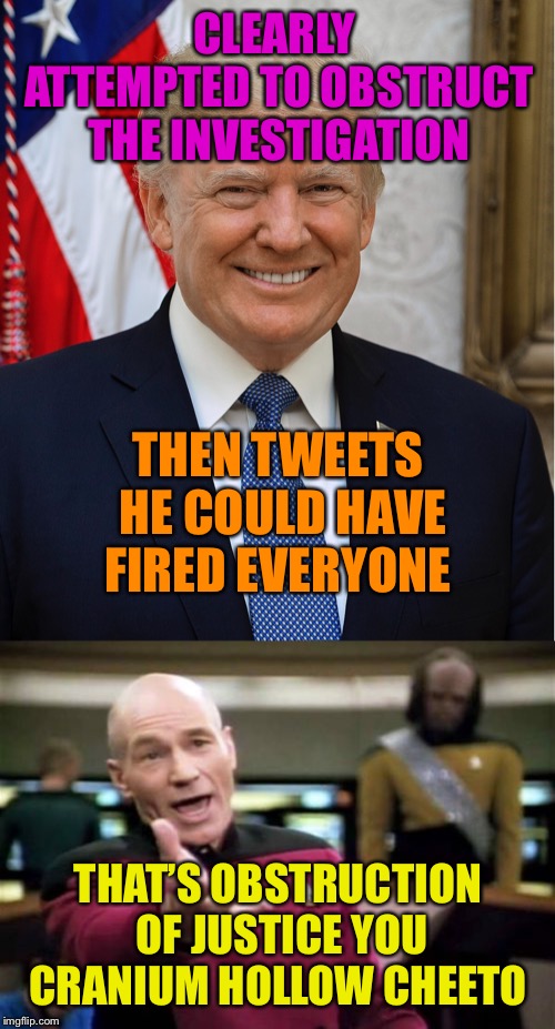 CLEARLY ATTEMPTED TO OBSTRUCT THE INVESTIGATION; THEN TWEETS HE COULD HAVE FIRED EVERYONE; THAT’S OBSTRUCTION OF JUSTICE YOU CRANIUM HOLLOW CHEETO | image tagged in memes,picard wtf,cheeto the coward | made w/ Imgflip meme maker