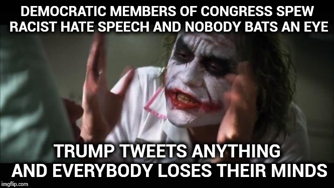 2 sets of rules and laws ? | DEMOCRATIC MEMBERS OF CONGRESS SPEW RACIST HATE SPEECH AND NOBODY BATS AN EYE; TRUMP TWEETS ANYTHING AND EVERYBODY LOSES THEIR MINDS | image tagged in memes,and everybody loses their minds,hypocrisy,double standards,poke naruto,comedy | made w/ Imgflip meme maker