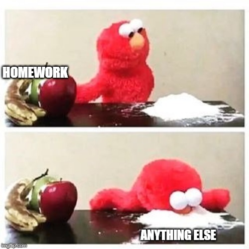 elmo cocaine |  HOMEWORK; ANYTHING ELSE | image tagged in elmo cocaine | made w/ Imgflip meme maker