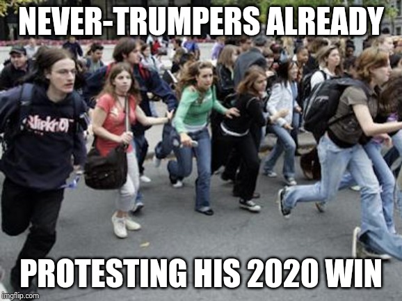 Crowd Running | NEVER-TRUMPERS ALREADY PROTESTING HIS 2020 WIN | image tagged in crowd running | made w/ Imgflip meme maker