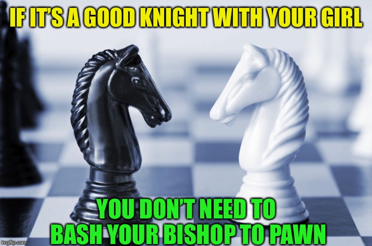 Black and white knight | IF IT’S A GOOD KNIGHT WITH YOUR GIRL YOU DON’T NEED TO BASH YOUR BISHOP TO PAWN | image tagged in black and white knight | made w/ Imgflip meme maker