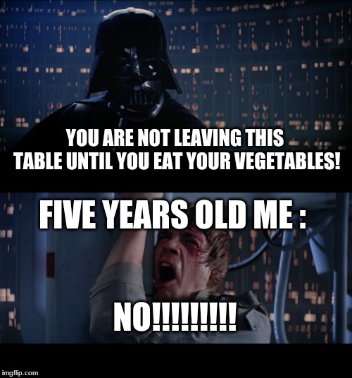 Star Wars No | YOU ARE NOT LEAVING THIS TABLE UNTIL YOU EAT YOUR VEGETABLES! FIVE YEARS OLD ME :; NO!!!!!!!!! | image tagged in memes,star wars no | made w/ Imgflip meme maker