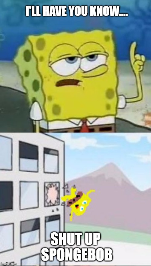 Spongebob Thrown Out Boardroom Window | I'LL HAVE YOU KNOW.... SHUT UP SPONGEBOB | image tagged in spongebob thrown out boardroom window | made w/ Imgflip meme maker