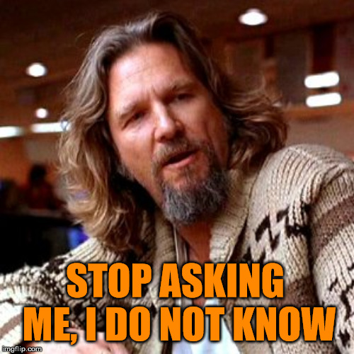 Confused Lebowski Meme | STOP ASKING ME, I DO NOT KNOW | image tagged in memes,confused lebowski | made w/ Imgflip meme maker