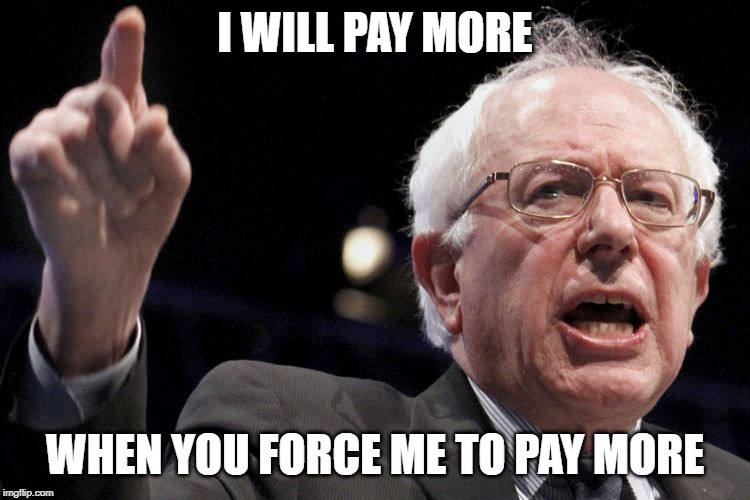 Bernie Sanders | I WILL PAY MORE WHEN YOU FORCE ME TO PAY MORE | image tagged in bernie sanders | made w/ Imgflip meme maker