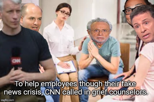 With more confirmation they really were reporting fake news, it was decided staff needed professional help.... | To help employees though their fake news crisis, CNN called in grief counselors. | image tagged in cnn fake news,robert mueller,trump russia collusion,wolf blitzer,anderson cooper,trump derangement syndrome | made w/ Imgflip meme maker