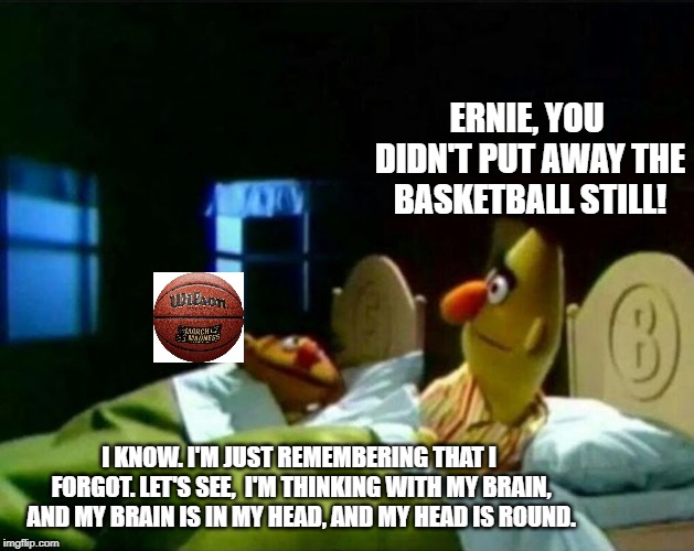 Ernie and Bert | ERNIE, YOU DIDN'T PUT AWAY THE BASKETBALL STILL! I KNOW. I'M JUST REMEMBERING THAT I FORGOT. LET'S SEE,  I'M THINKING WITH MY BRAIN, AND MY BRAIN IS IN MY HEAD, AND MY HEAD IS ROUND. | image tagged in ernie and bert | made w/ Imgflip meme maker