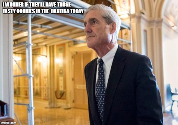 Thoughtful Mueller | I WONDER IF THEY'LL HAVE THOSE TASTY COOKIES IN THE 
CANTINA TODAY | image tagged in robert mueller,serious,thoughts,thinking,mueller | made w/ Imgflip meme maker