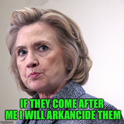 hillary clinton pissed | IF THEY COME AFTER ME I WILL ARKANCIDE THEM | image tagged in hillary clinton pissed | made w/ Imgflip meme maker