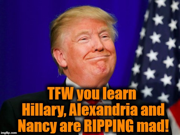 Trump Smile | TFW you learn Hillary, Alexandria and Nancy are RIPPING mad! | image tagged in trump smile | made w/ Imgflip meme maker