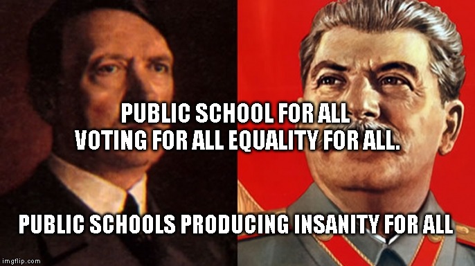 Hitler/Stalin | PUBLIC SCHOOL FOR ALL VOTING FOR ALL EQUALITY FOR ALL. PUBLIC SCHOOLS PRODUCING INSANITY FOR ALL | image tagged in hitler/stalin | made w/ Imgflip meme maker