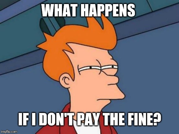Futurama Fry Meme | WHAT HAPPENS IF I DON'T PAY THE FINE? | image tagged in memes,futurama fry | made w/ Imgflip meme maker