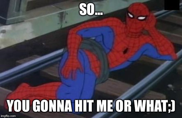 Sexy Railroad Spiderman | SO... YOU GONNA HIT ME OR WHAT;) | image tagged in memes,sexy railroad spiderman,spiderman | made w/ Imgflip meme maker