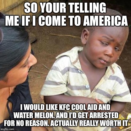Third World Skeptical Kid Meme | SO YOUR TELLING ME IF I COME TO AMERICA; I WOULD LIKE KFC COOL AID AND WATER MELON. AND I’D GET ARRESTED FOR NO REASON. ACTUALLY REALLY WORTH IT | image tagged in memes,third world skeptical kid | made w/ Imgflip meme maker