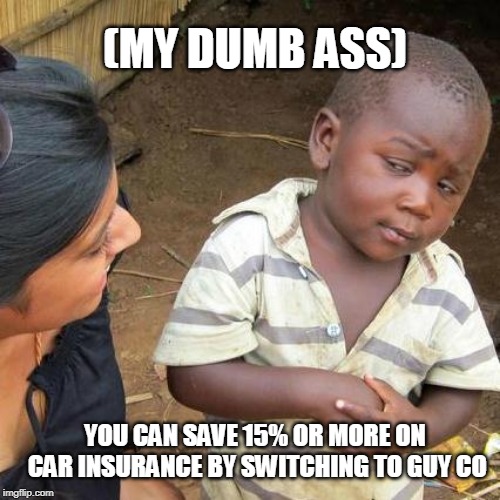 Third World Skeptical Kid | (MY DUMB ASS); YOU CAN SAVE 15% OR MORE ON CAR INSURANCE BY SWITCHING TO GUY CO | image tagged in memes,third world skeptical kid | made w/ Imgflip meme maker