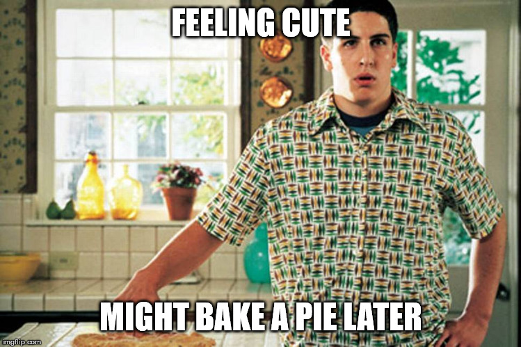 Jason Biggs American Pie | FEELING CUTE; MIGHT BAKE A PIE LATER | image tagged in jason biggs american pie | made w/ Imgflip meme maker