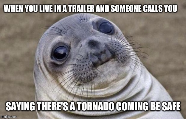 Awkward Moment Sealion | WHEN YOU LIVE IN A TRAILER AND SOMEONE CALLS YOU; SAYING THERE'S A TORNADO COMING BE SAFE | image tagged in memes,awkward moment sealion | made w/ Imgflip meme maker