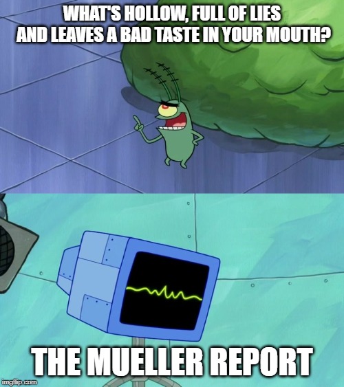 Hollow full of lies and bad taste | WHAT'S HOLLOW, FULL OF LIES AND LEAVES A BAD TASTE IN YOUR MOUTH? THE MUELLER REPORT | image tagged in hollow full of lies and bad taste,memes,robert mueller,mueller report | made w/ Imgflip meme maker