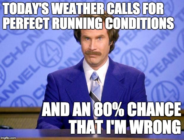 Anchorman | TODAY'S WEATHER CALLS FOR   PERFECT RUNNING CONDITIONS; AND AN 80% CHANCE   THAT I'M WRONG | image tagged in anchorman | made w/ Imgflip meme maker