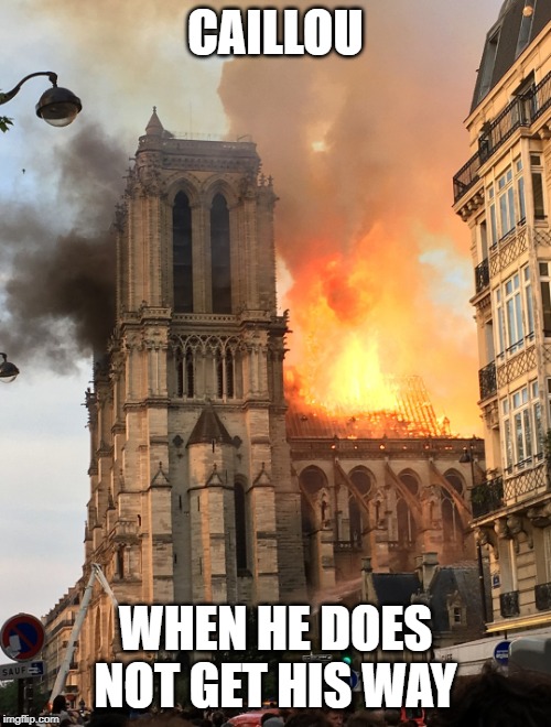 Notre Dame fire | CAILLOU; WHEN HE DOES NOT GET HIS WAY | image tagged in notre dame fire | made w/ Imgflip meme maker