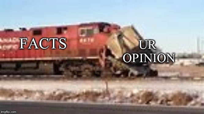 Train crash | UR 
OPINION; FACTS | image tagged in train crash | made w/ Imgflip meme maker