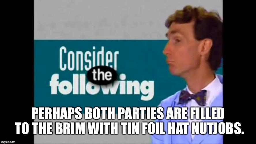 consider the following | PERHAPS BOTH PARTIES ARE FILLED TO THE BRIM WITH TIN FOIL HAT NUTJOBS. | image tagged in consider the following | made w/ Imgflip meme maker