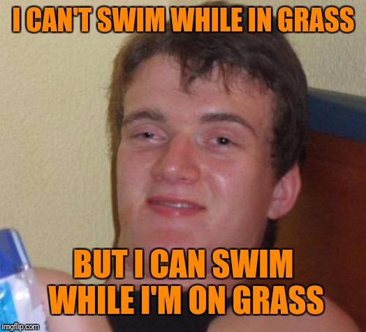10 Guy Meme | I CAN'T SWIM WHILE IN GRASS BUT I CAN SWIM WHILE I'M ON GRASS | image tagged in memes,10 guy | made w/ Imgflip meme maker